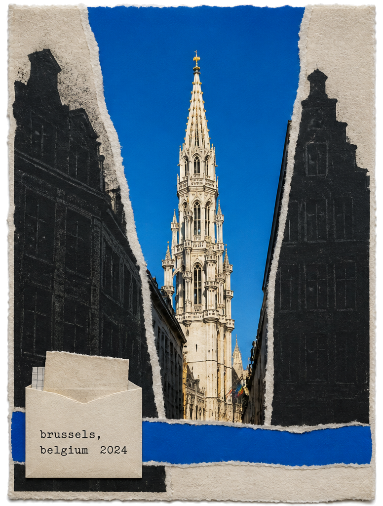Torn-paper postcard of a Brussels spire. Caption: brussels, belgium 2024.