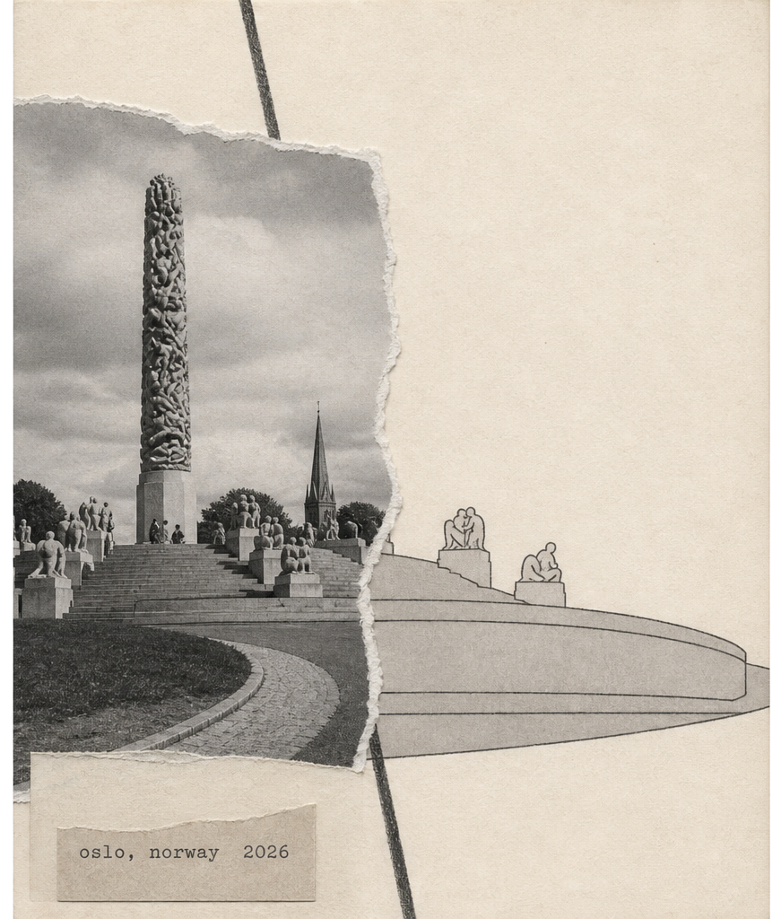 Torn-paper postcard of Vigeland Park. Caption: oslo, norway 2026.