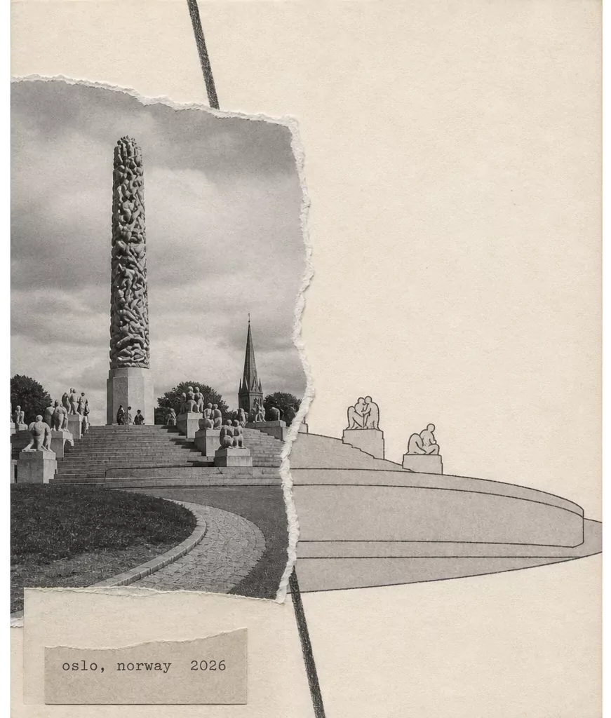 Torn-paper postcard of Vigeland Park. Caption: oslo, norway 2026.