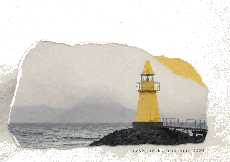 Torn-paper postcard of a yellow lighthouse on dark rocks. Caption: reykjavik, iceland 2024.
